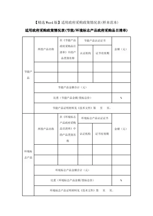 【精选Word版】适用政府采购政策情况表(节能、环境标志产品政府采购品目清单)