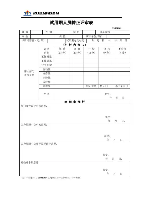 试用期人员转正评审表