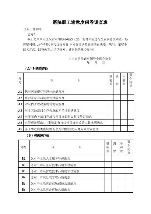 医院职工满意度问卷调查表