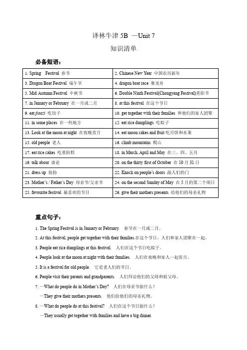 Unit7Chinesefestivals(知识清单)译林版英语五年级下册