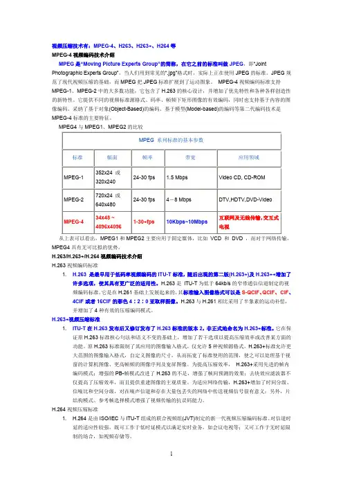 视频压缩技术有：MPEG-4、H263、H263+、H264等.doc