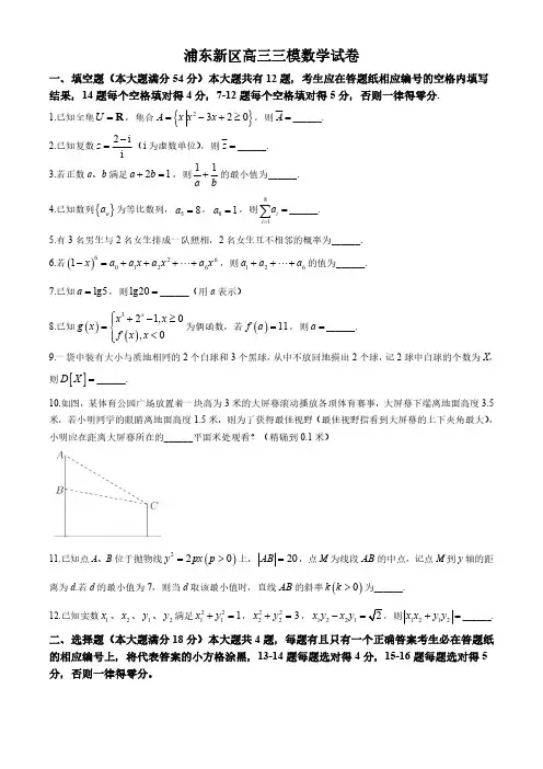 上海市浦东新区2024届高三下学期三模数学试卷