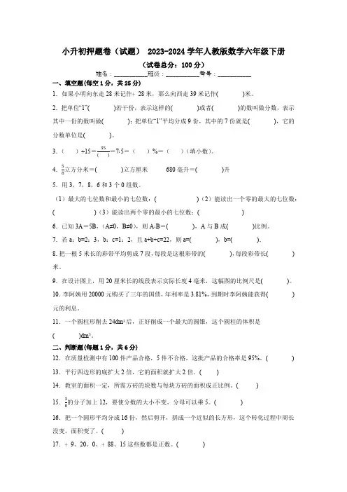 小升初押题卷(试题)(含答案) 2023-2024学年人教版数学六年级下册 (1)