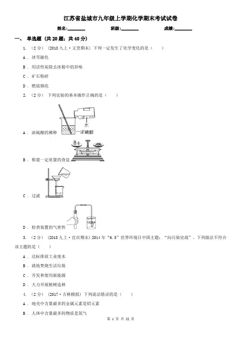 江苏省盐城市九年级上学期化学期末考试试卷