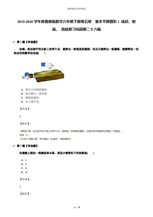 2019-2020学年度鲁教版数学六年级下册第五章  基本平面图形1 线段、射线、 直线复习巩固第二十六篇