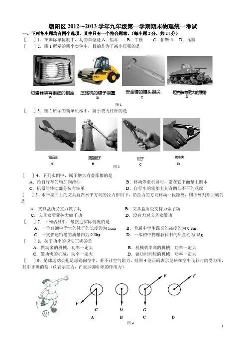 朝阳区2012-2013年物理九年级第一学期期末考试