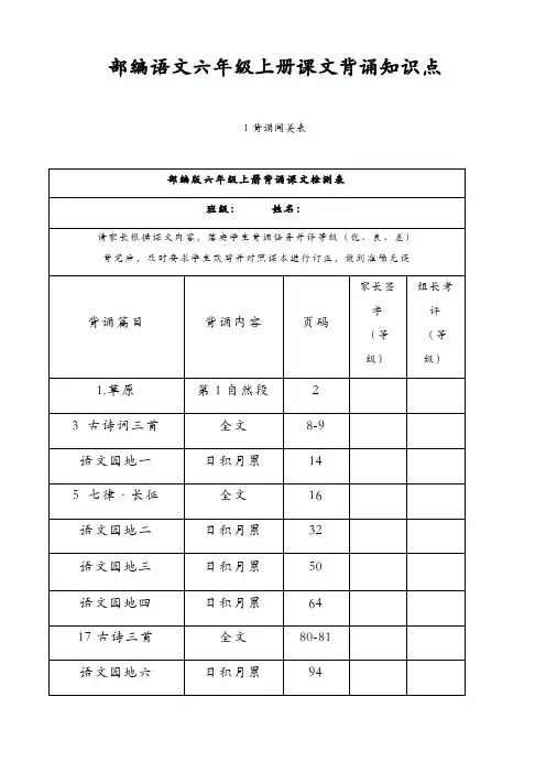 (部编版)2019年秋小学语文六年级上册：课文背诵知识点整理【精品】
