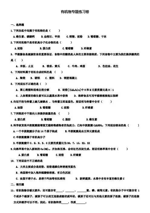 中考化学专题复习练习： 有机物专题练习卷