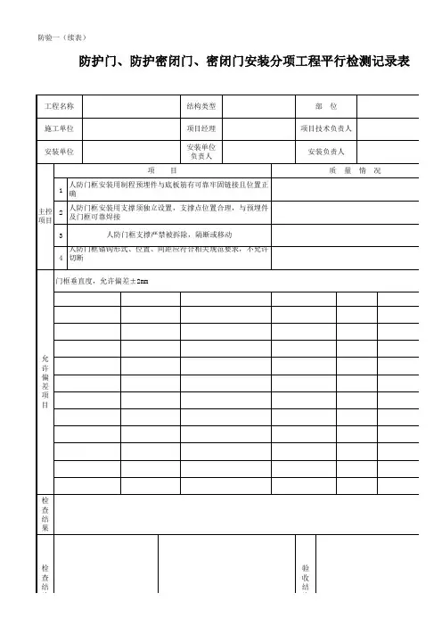 防验表1(续表)_防护门、防护密闭门、密闭门安装分项工程平行检测记录表
