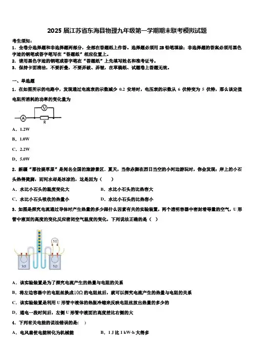 2025届江苏省东海县物理九年级第一学期期末联考模拟试题含解析