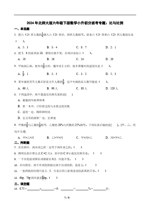 2024年北师大版六年级下册数学小升初分班考专题：比与比例(含答案)