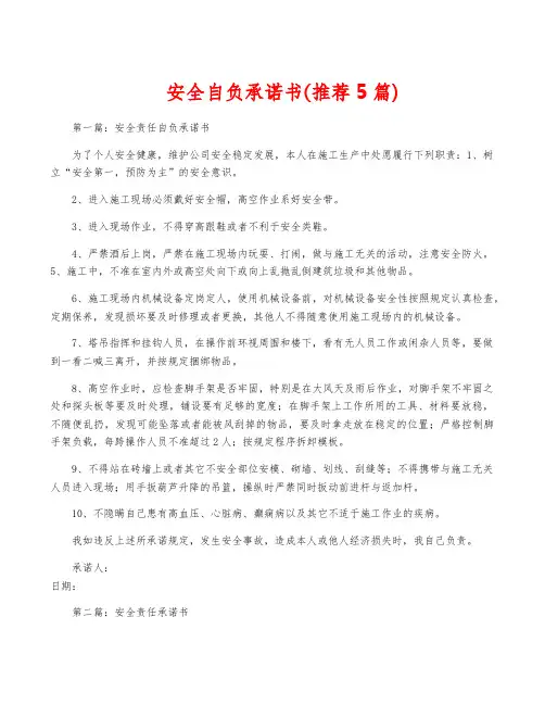 安全自负承诺书(推荐5篇)