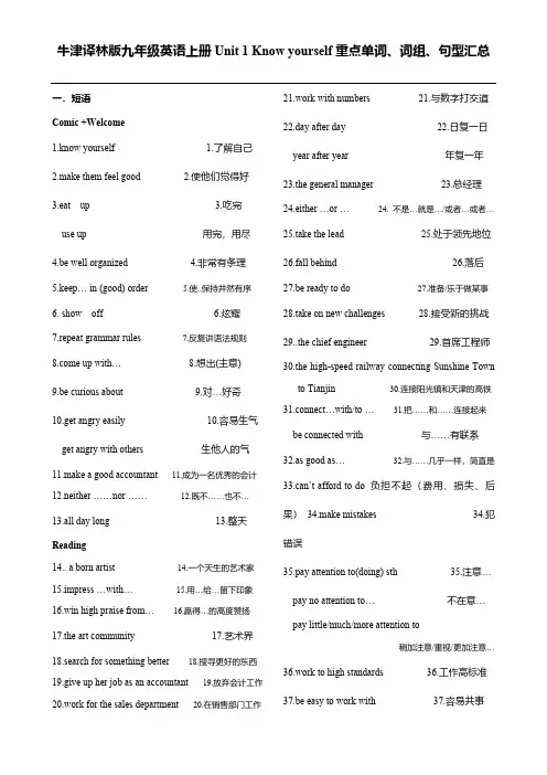 牛津译林版九年级英语上册Unit1 Know yourself重点单词、词组、句型汇总