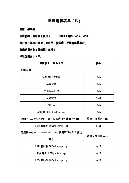 肺结核(复治)-临床路径表单B