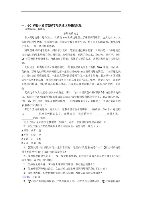 【阅读理解专项】人教版六年级名校小升初语文模拟试题(含答案)