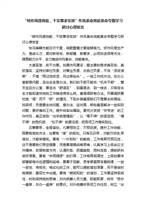 “转作风提效能，干实事求实效”作风革命效能革命专题学习研讨心得发言