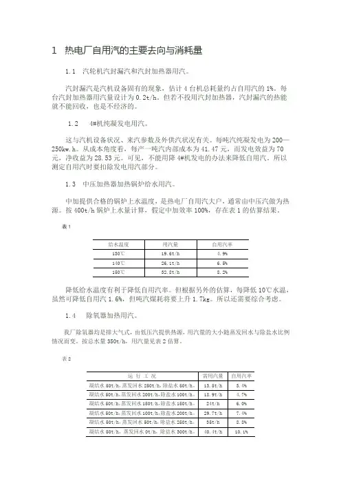 1  热电厂自用汽的主要去向与消耗量