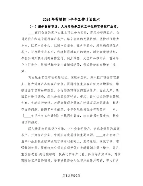2024年营销部下半年工作计划范本（三篇）