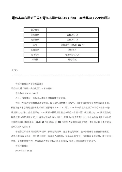 青岛市教育局关于公布青岛市示范幼儿园（省级一类幼儿园）名单的通知-青教办字〔2019〕062号