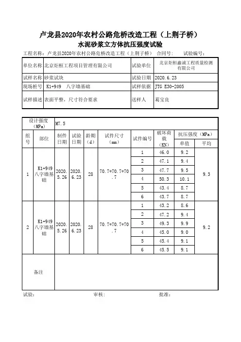 水泥砂浆立方体抗压强度试验报告