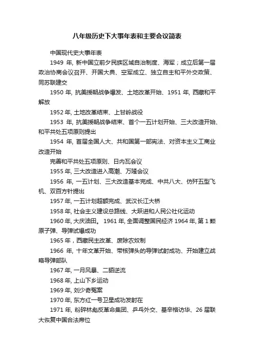 八年级历史下大事年表和主要会议简表