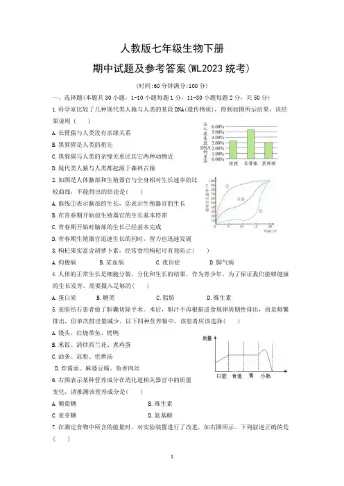 人教版七年级生物下册期中试题及参考答案(WL2023统考)