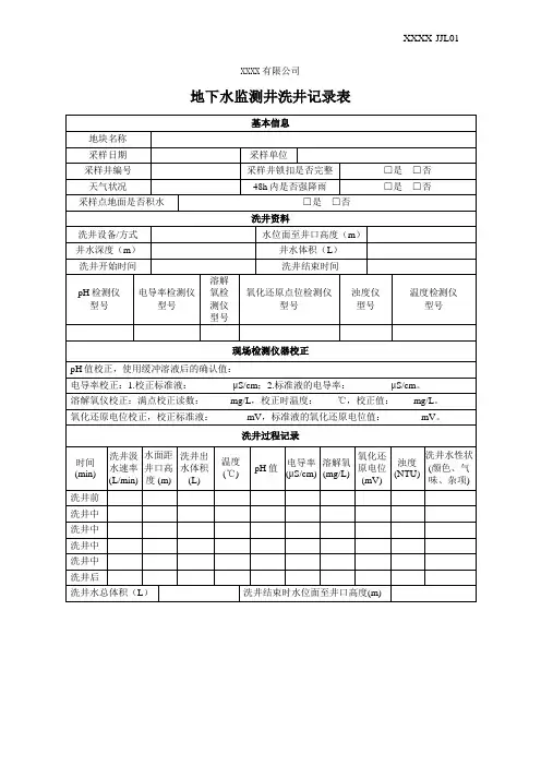 地下水监测井洗井记录表
