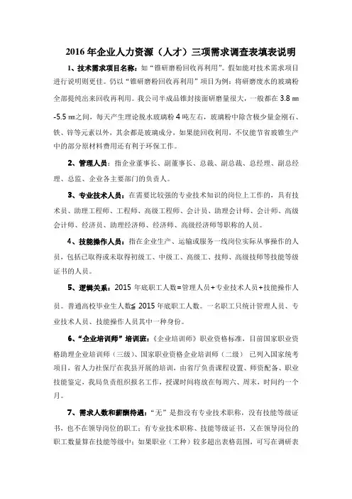 2015年企业人才三项需求调查表填表说明