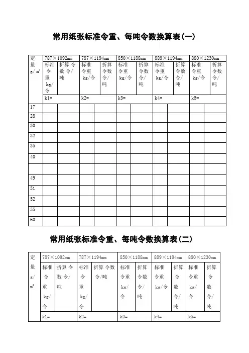 常用纸张标准令重每吨令数换算表