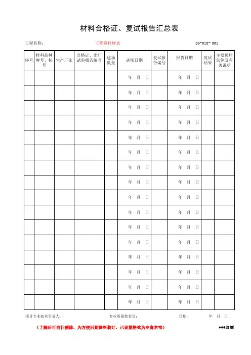 材料合格证、复试报告汇总表(工程资料第三部分第五卷)