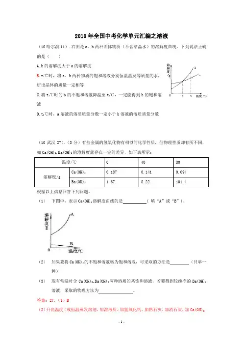 2010年中考化学分类汇编(完整版)：溶液