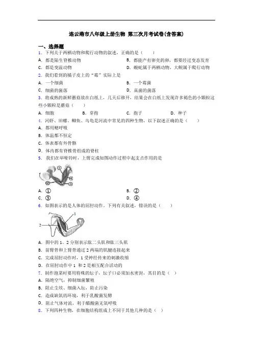 连云港市八年级上册生物 第三次月考试卷(含答案)