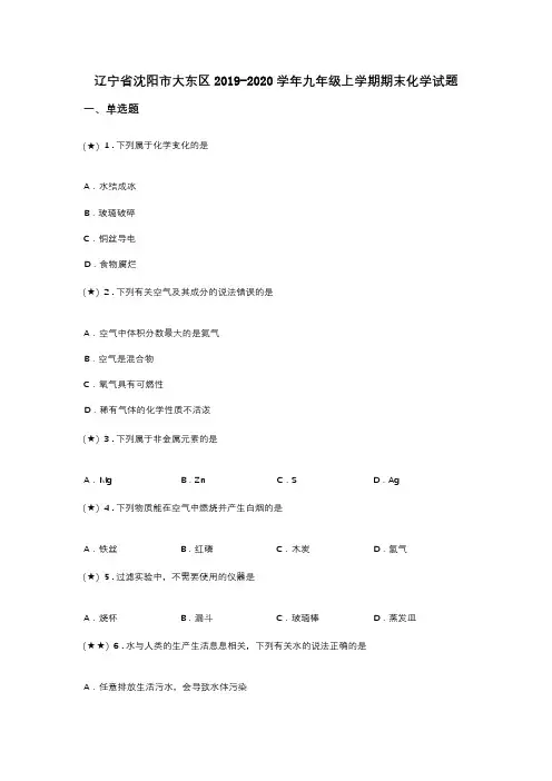 辽宁省沈阳市大东区2019-2020学年九年级上学期期末化学试题(word无答案)