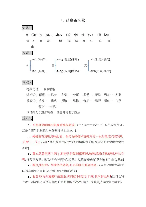 部编版三年级语文下册知识点总结课堂笔记4.昆虫备忘录.docx