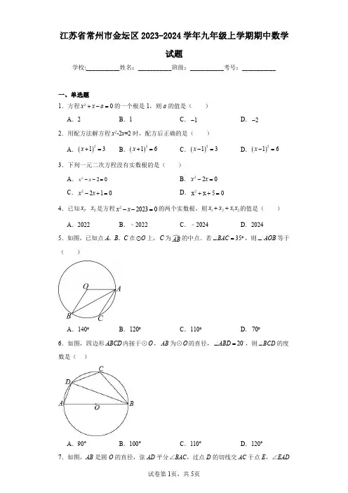江苏省常州市金坛区2023-2024学年九年级上学期期中数学试题