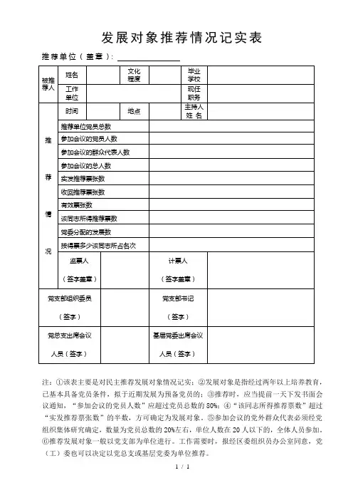 发展对象推荐情况记实表