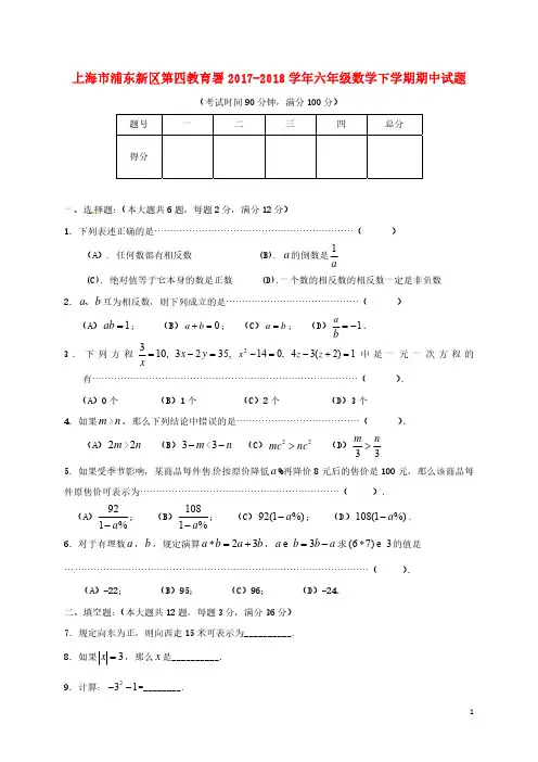 上海市浦东新区六年级数学下学期期中测试试卷含答案