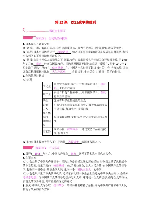 【人教部编版】八年级历史上册全册精品试题(含答案)：第22课抗日战争的胜利