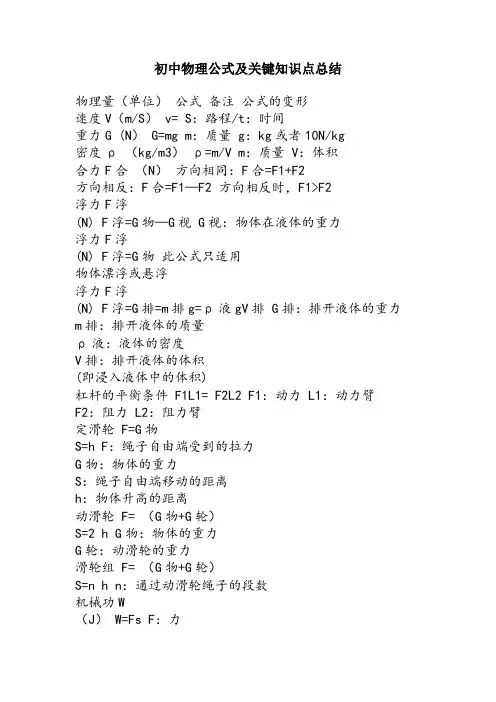 初中物理公式大全及关键知识点总结 2
