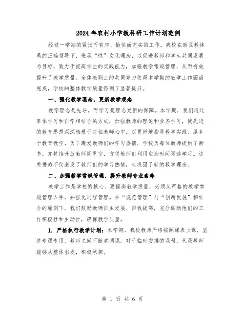 2024年农村小学教科研工作计划范例（二篇）