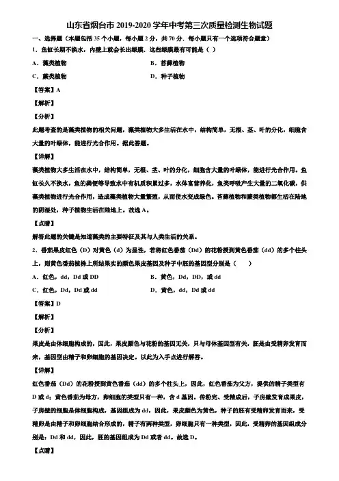 山东省烟台市2019-2020学年中考第三次质量检测生物试题含解析