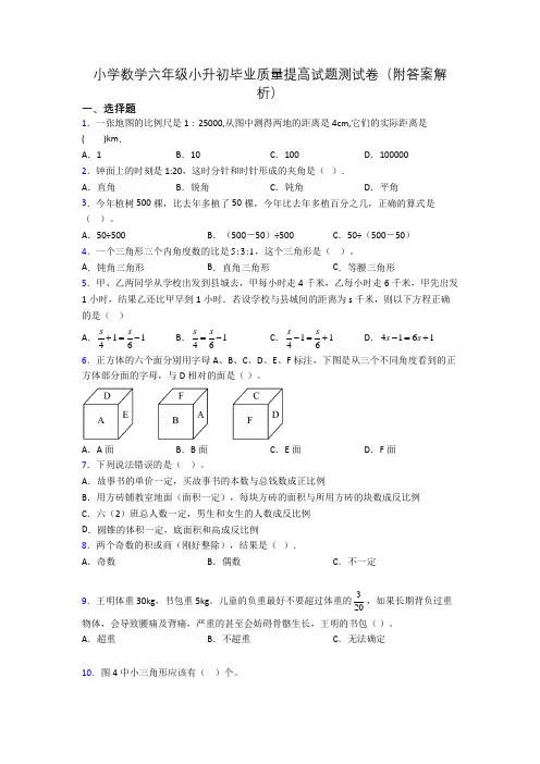 小学数学六年级小升初毕业质量提高试题测试卷(附答案解析)