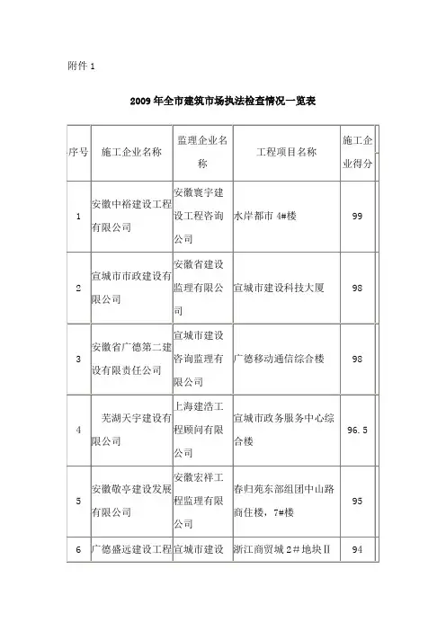 2009年全市建筑市场执法检查情况一览表