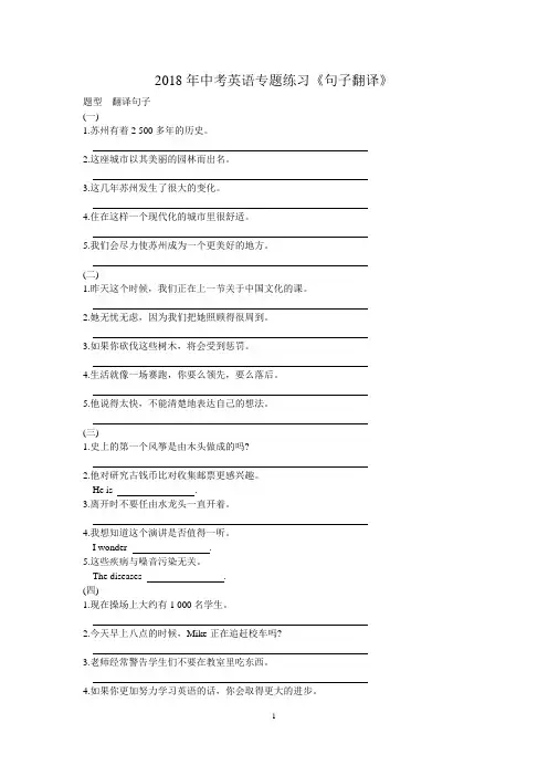 2018年中考英语专题练习《句子翻译》