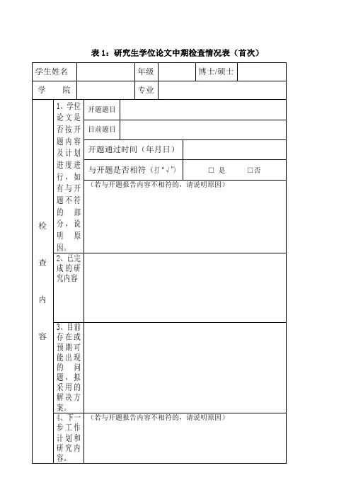 表1研究生学位论文中期检查情况表(首次)