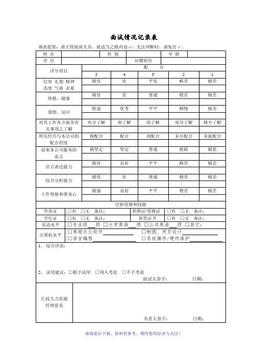 面试情况记录表