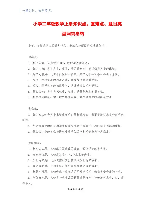 小学二年级数学上册知识点、重难点、题目类型归纳总结