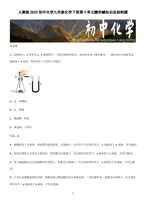 人教版2023初中化学九年级化学下册第十单元酸和碱知识总结例题