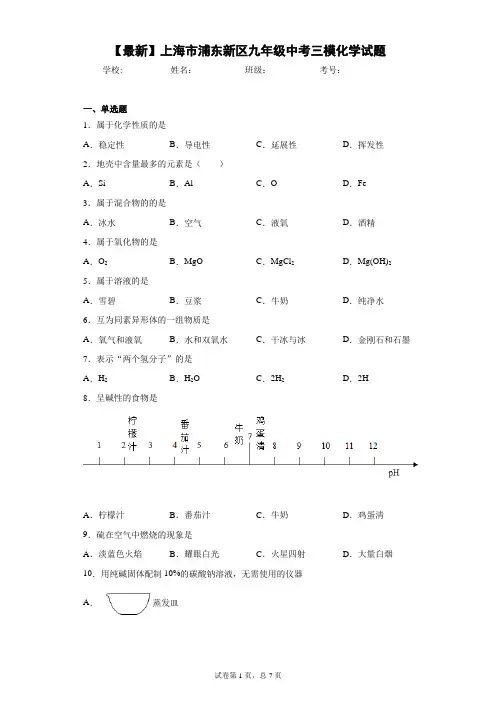 2021年上海市浦东新区九年级中考三模化学试题 答案和解析