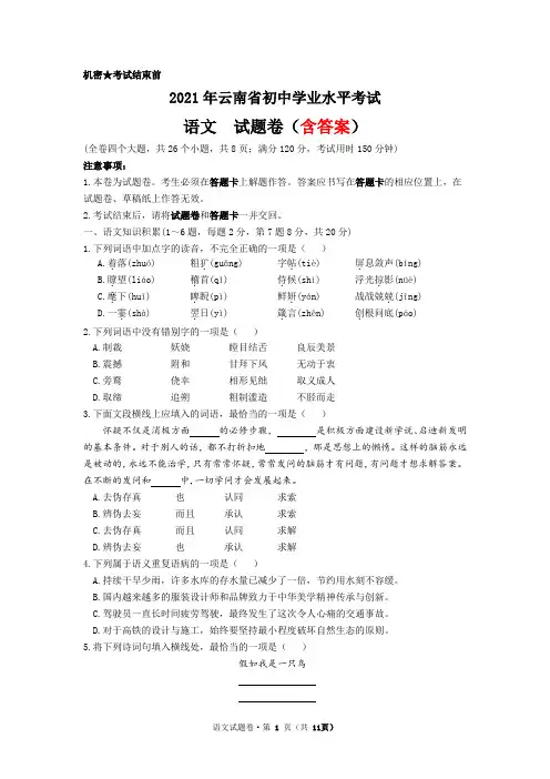 2021年云南省中考试语文试题(word版,含答案)
